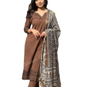 Women Pure Cotton Embroidery Straight Kurti with Pant & Dupatta Set (Brown)