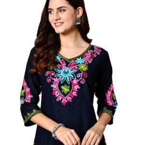 Embroidered Kashmiri Tunic Top, Short Kurti for Women on Jeans, V-Neck, 3/4 Sleeve, Floral Design,
